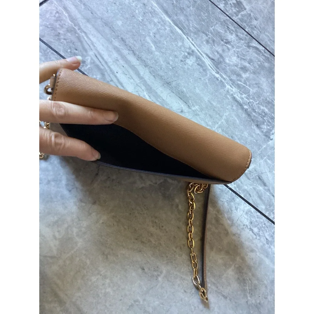Tory Burch Robinson Chain Wallet Crossbody Bag Tan Saffiano Leather Gold Ware